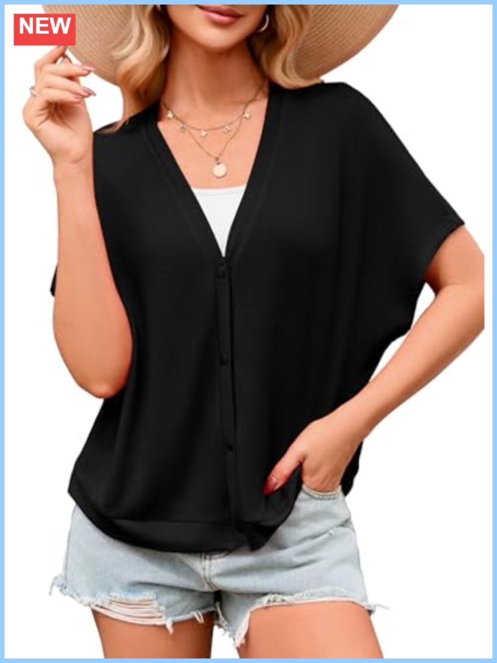 Womens Oversized Batwing Short Sleeve Button Down V Neck Cardigan